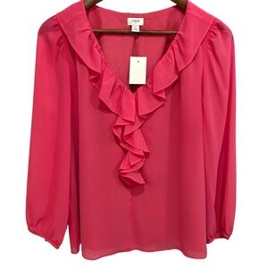 J Crew Womens Long Sleeve V-Neck Ruffle Blouse Size Small Pink Lightweight